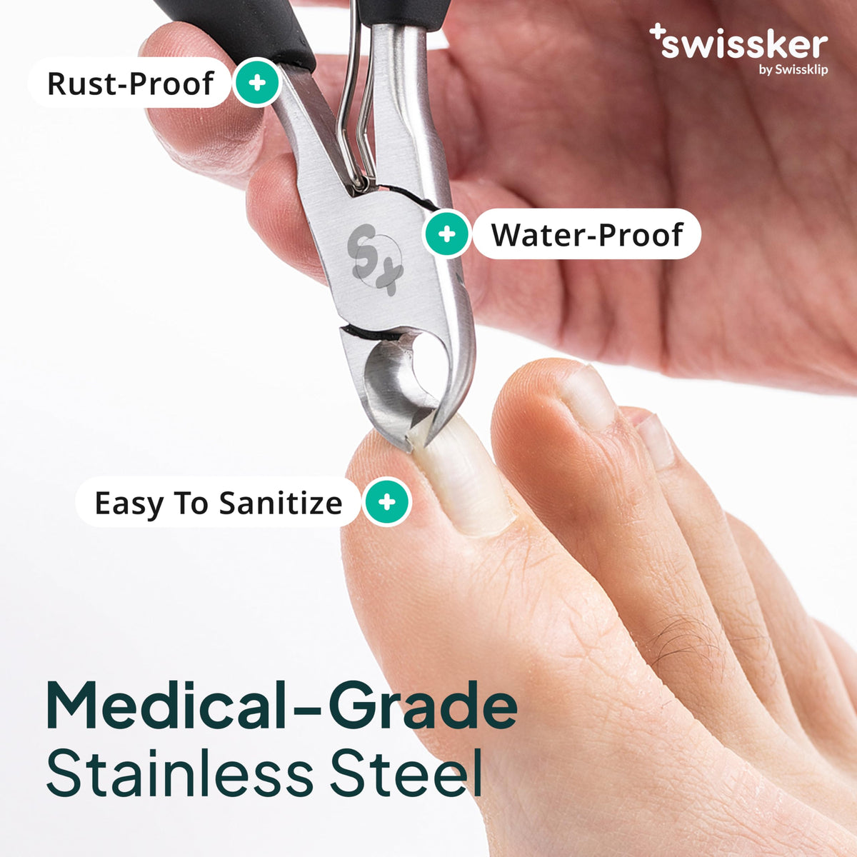 Swissklip Swissker in use trimming a toenail for controlled, clean results