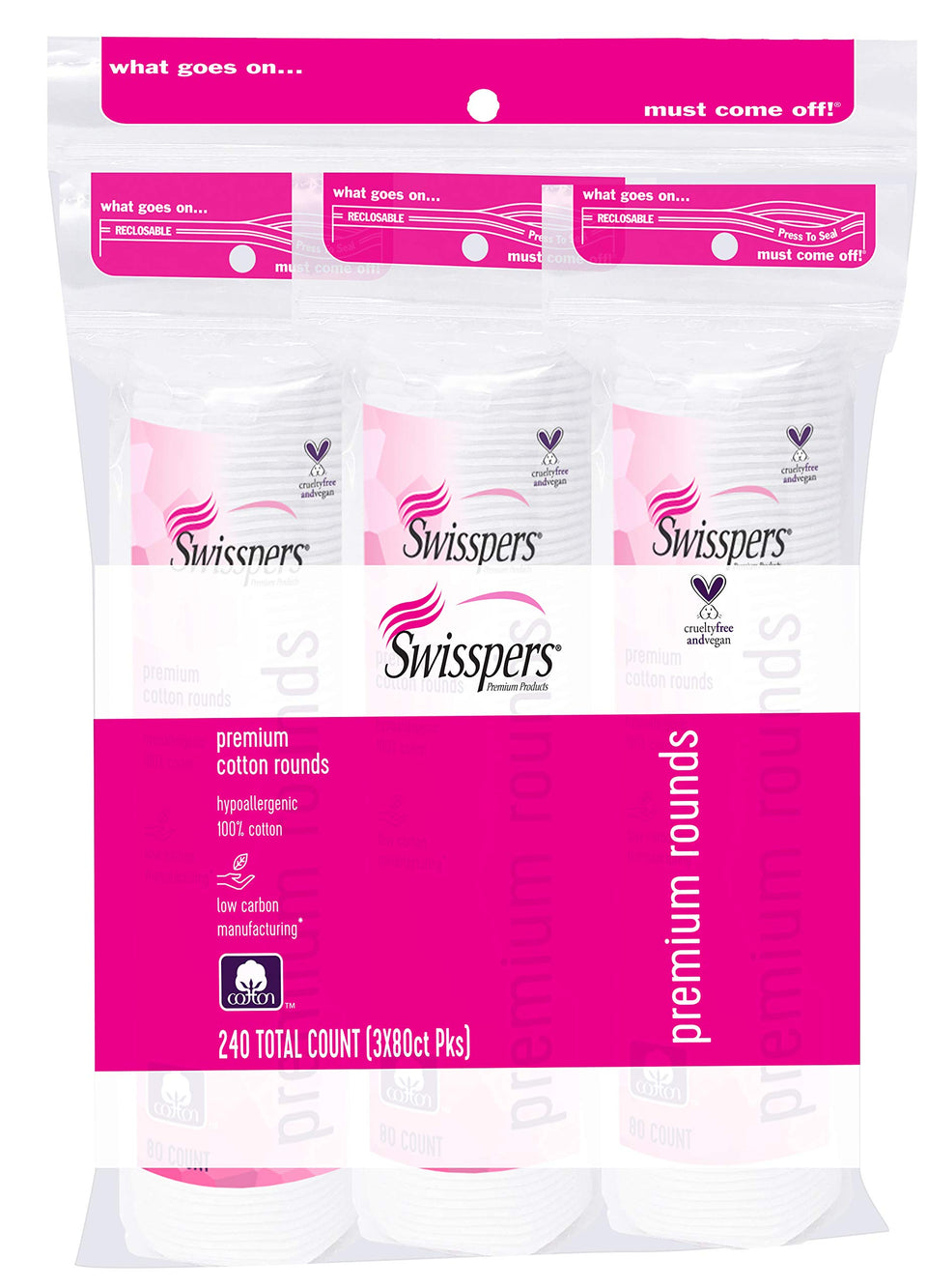 Swisspers front packaging showing 240-count cotton rounds and clear value