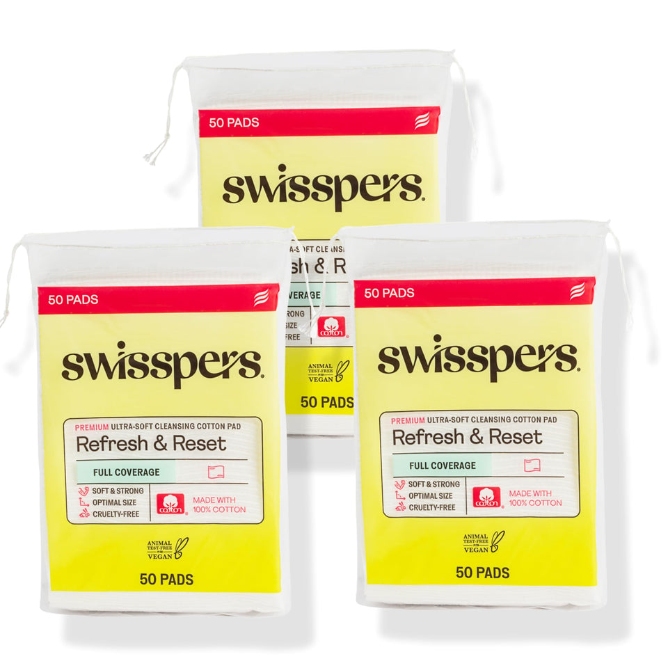 Swisspers front packaging showing three resealable 50-count bags and benefits