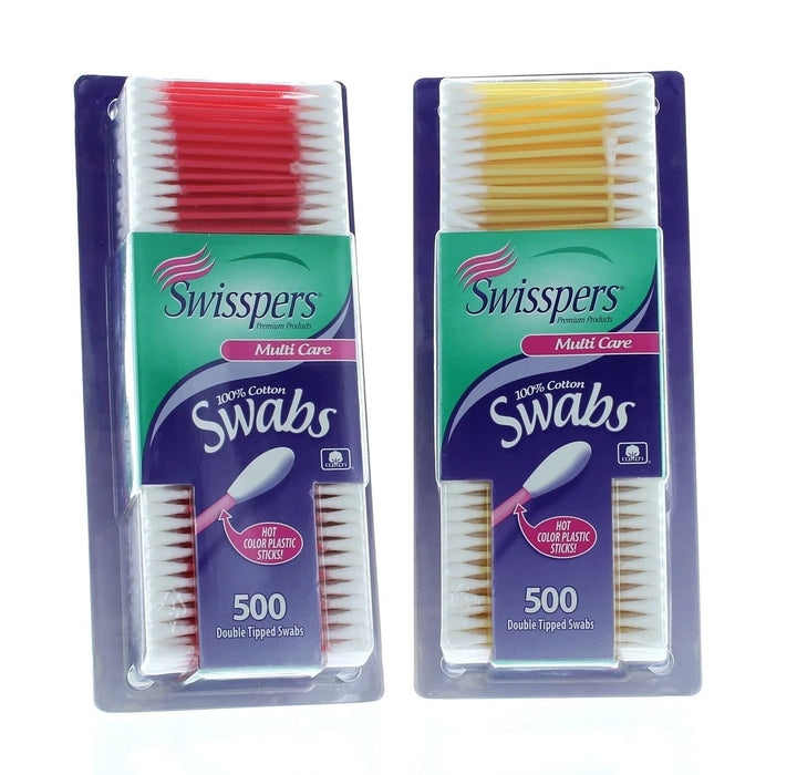 Swisspers front packaging showing colorful swabs and pack benefits