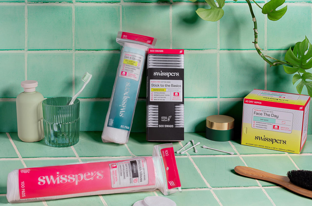 Swisspers pads styled in bathroom to show everyday routine convenience and storage benefit