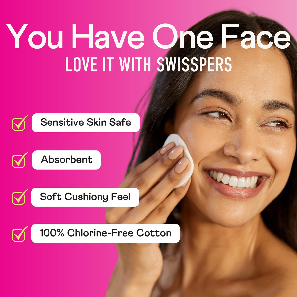 Swisspers pad in hand displaying size and absorbency benefit