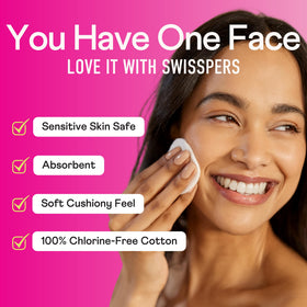 Swisspers pad in hand displaying size and absorbency benefit