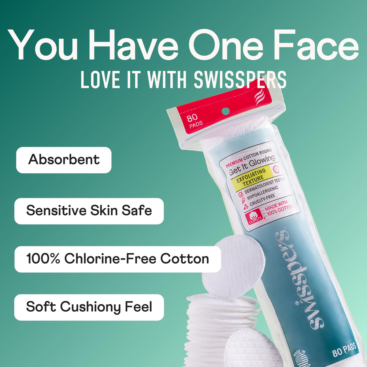Swisspers pads held in hand to show size and durable absorbent benefit
