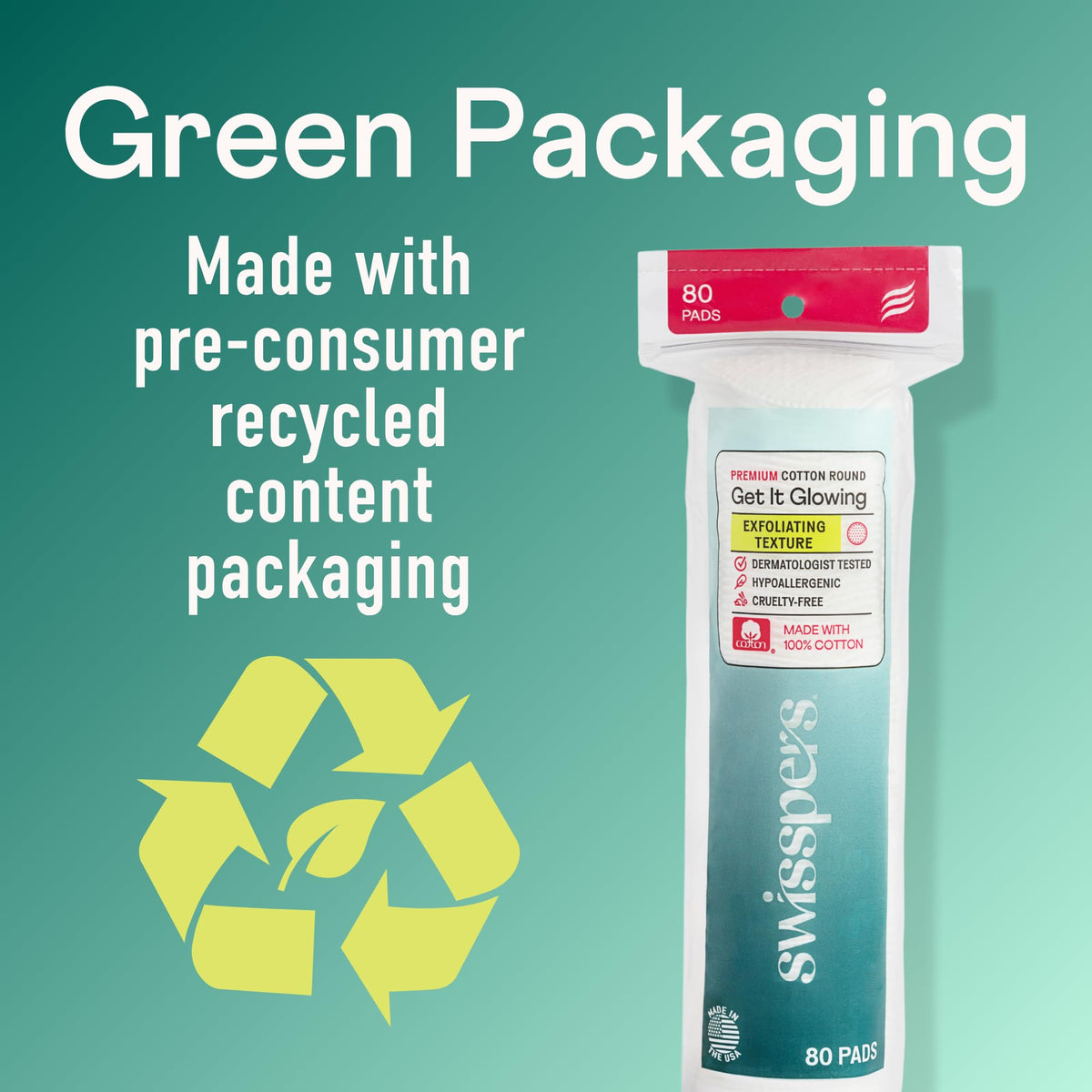 Swisspers resealable package open keeping pads clean and supporting recyclability benefit