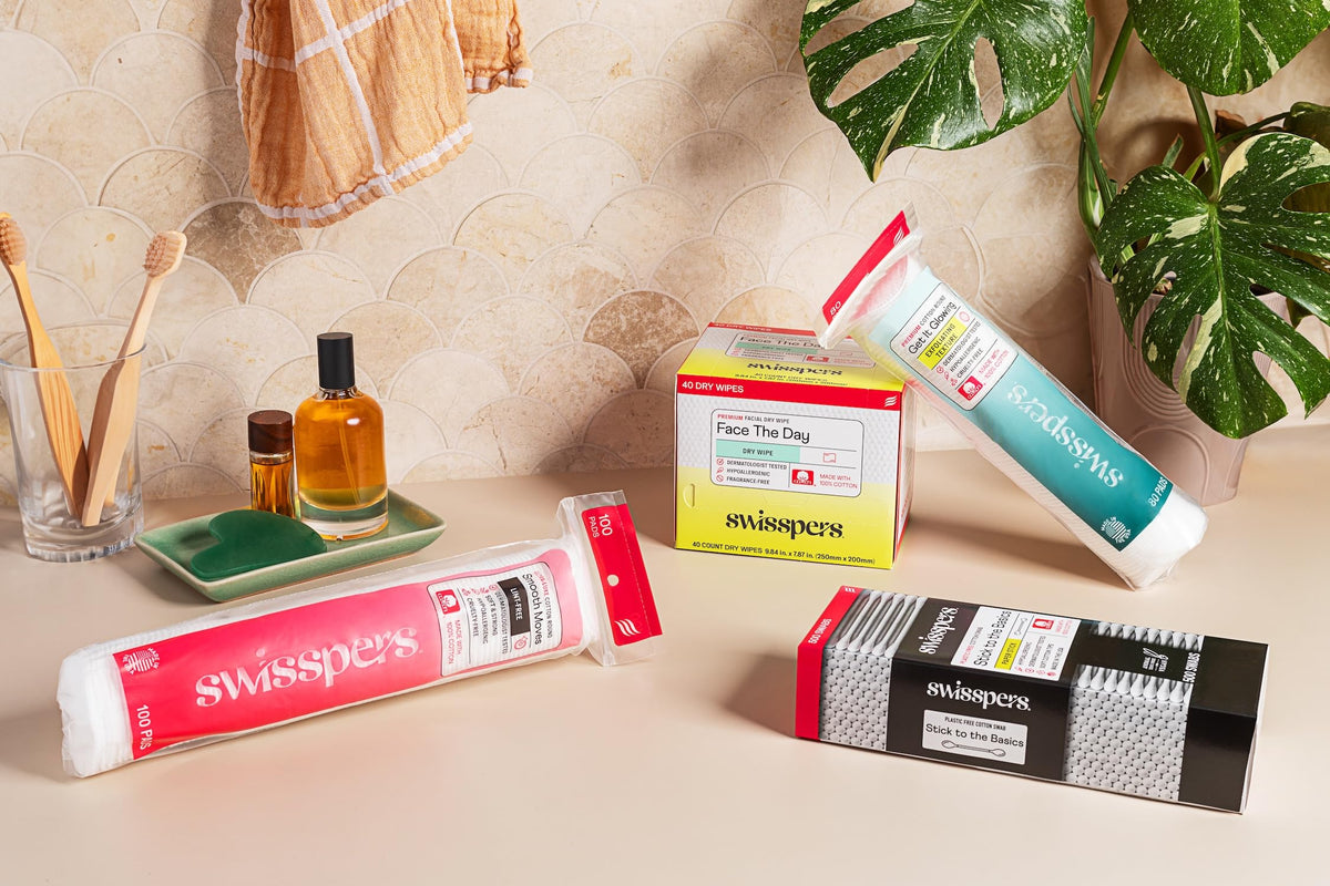 Swisspers stacked pads lifestyle shot highlighting bulk convenience benefit
