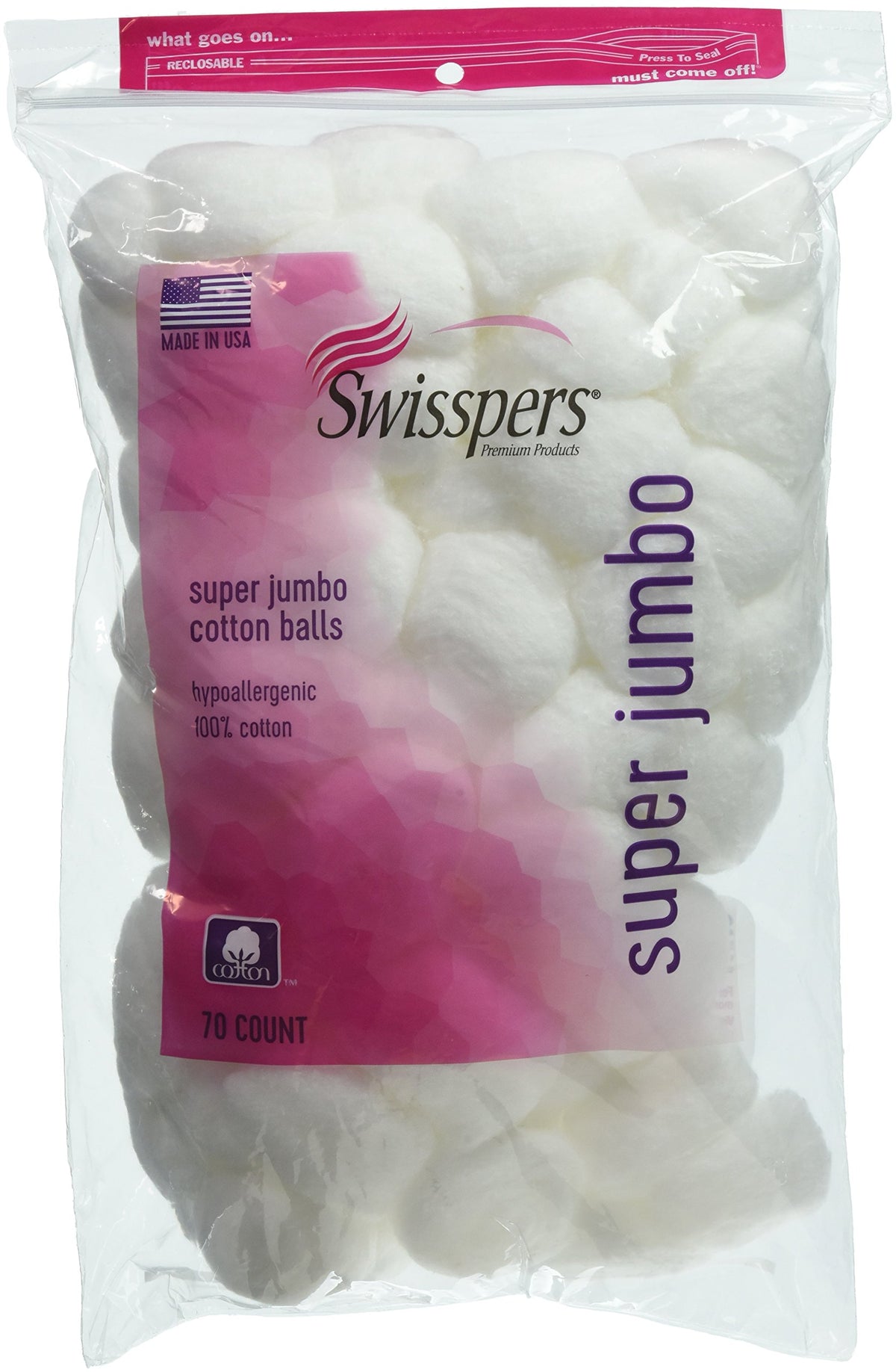 Swisspers super jumbo front packaging showing two-pack and plush absorbent cotton