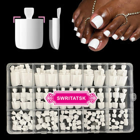 SWRITATSK front packaging showing full 150pc white toe press-ons kit for quick pedicures