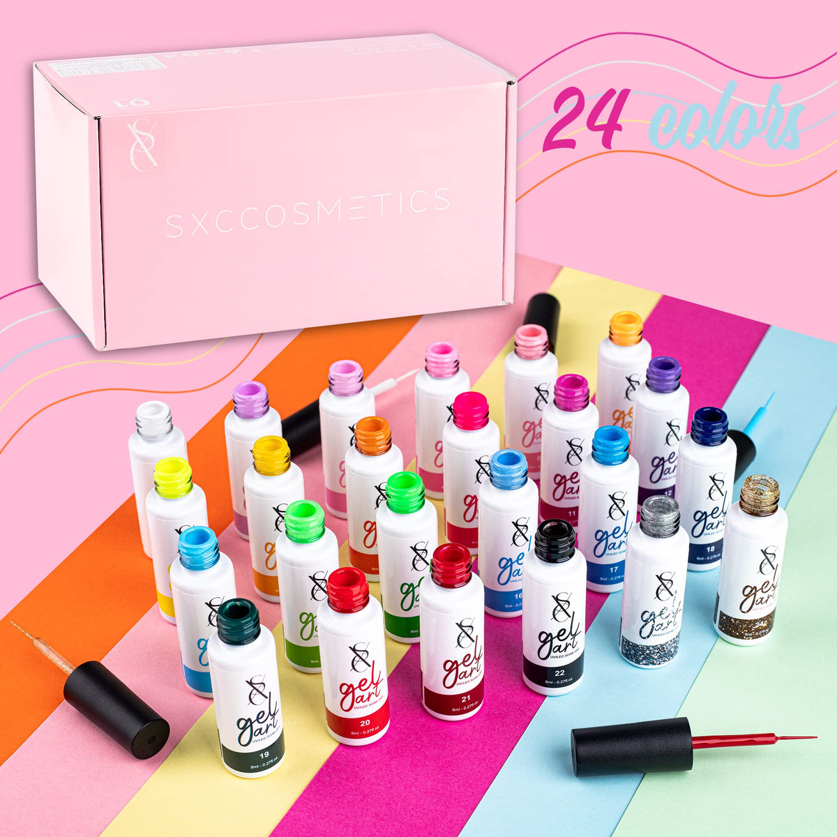 SXC color swatches fanned out to display 24 shades and quick color selection