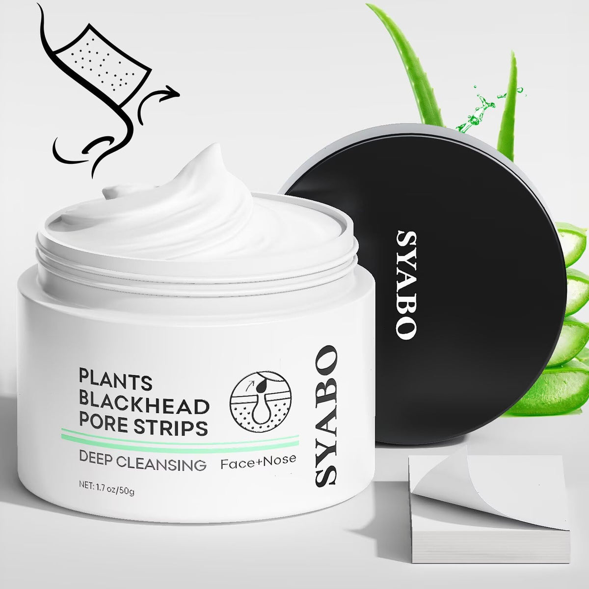 SYABO front packaging showing mask and 100 strips for convenient blackhead removal