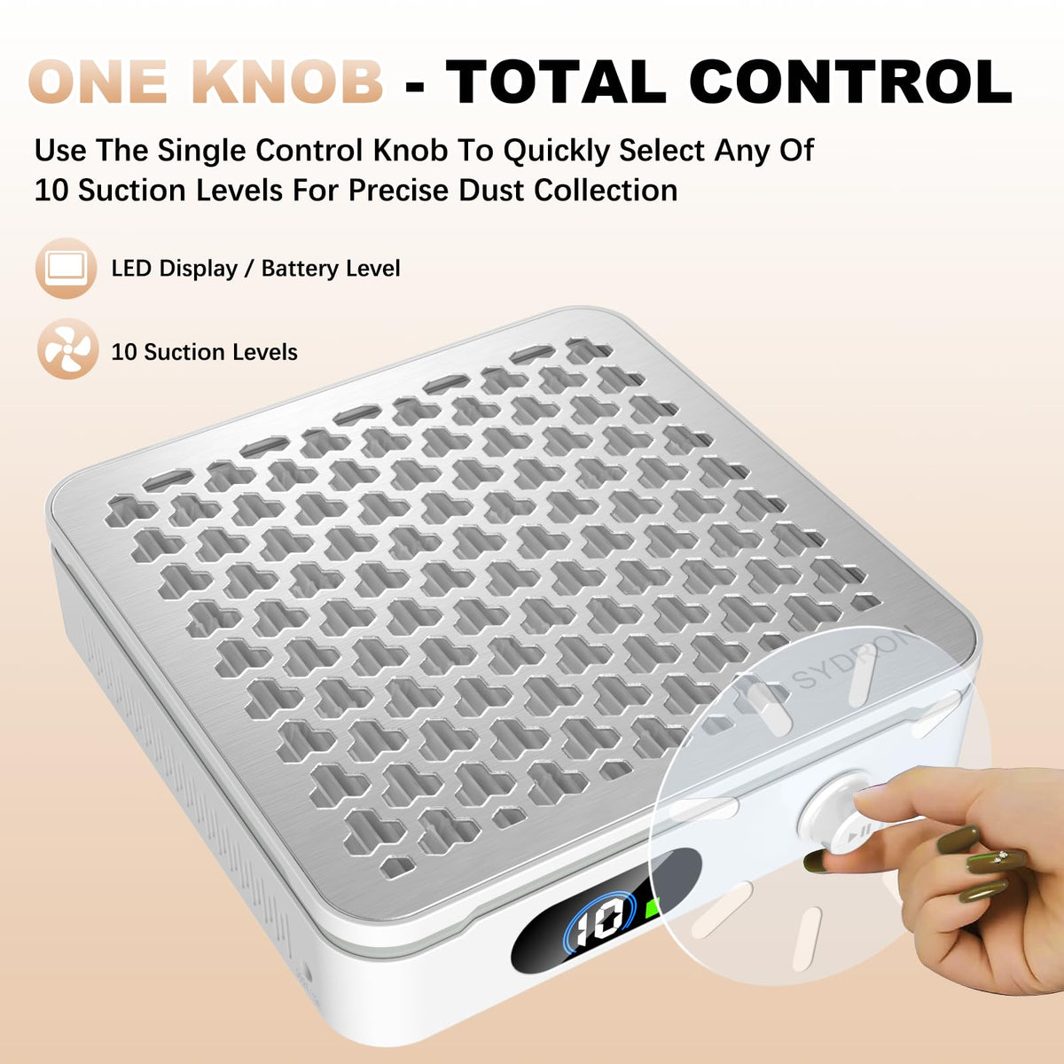 SYDRON next to a hand for scale, compact and portable for mobile nail techs