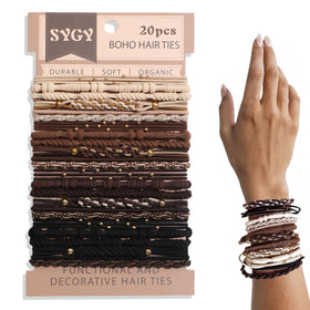 SYGY front pack showing 20-piece neutral boho hair ties, easy selection benefit