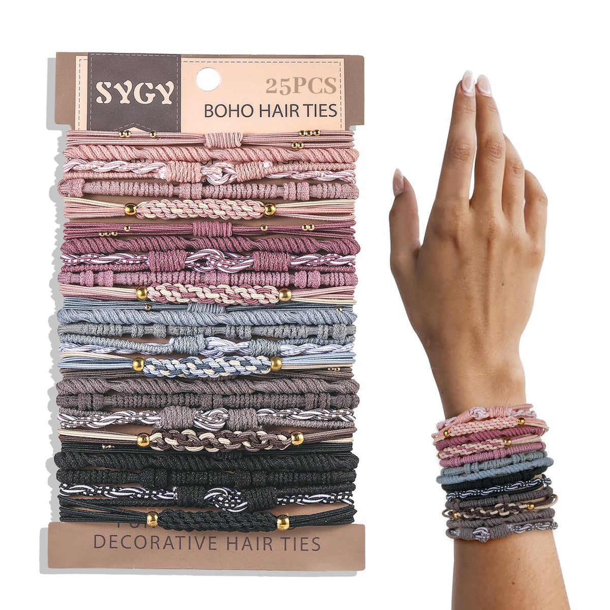 SYGY front packaging showing 25 boho hair ties and vibrant color options benefits easy selection