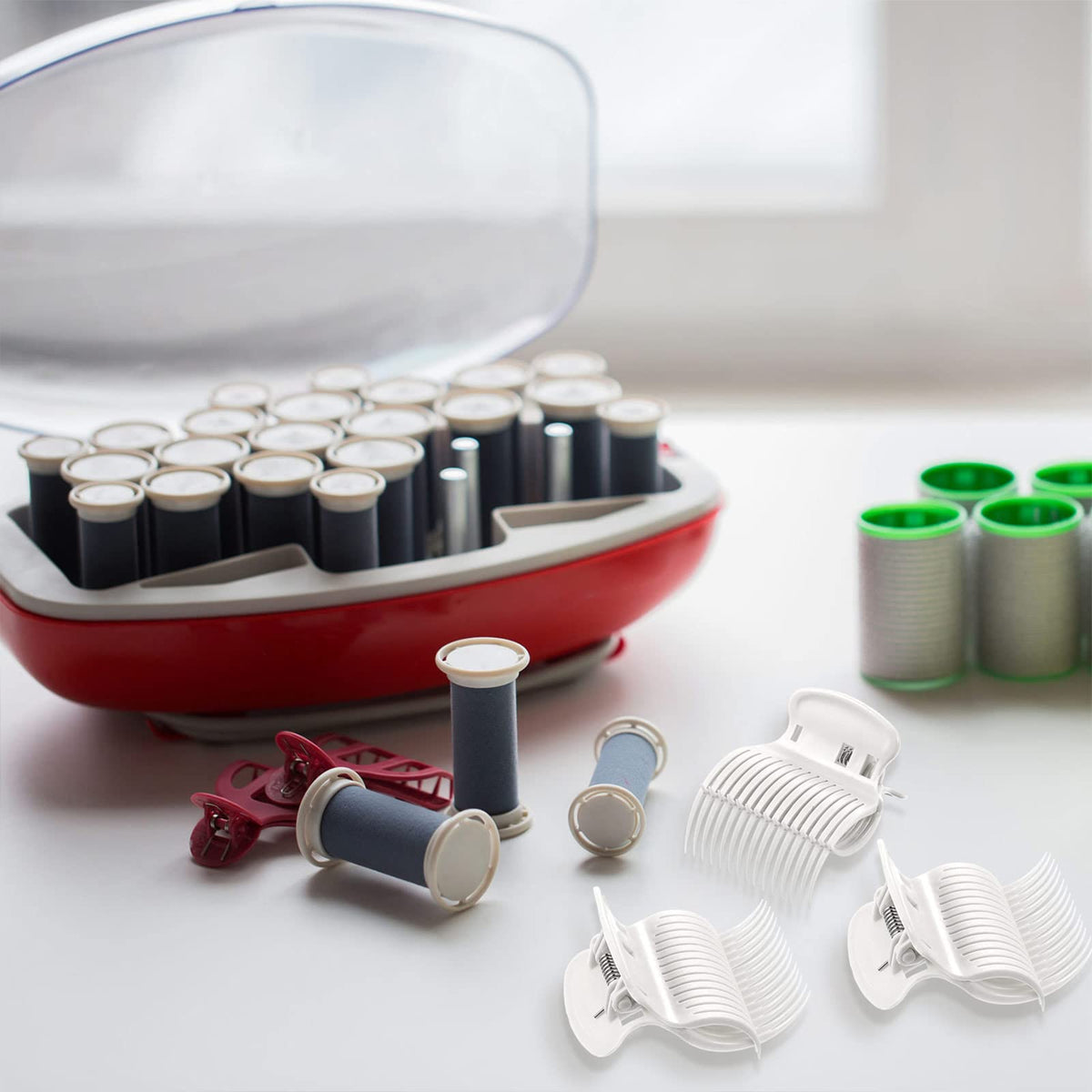 Syhood clips on bathroom counter showing easy sectioning after shower