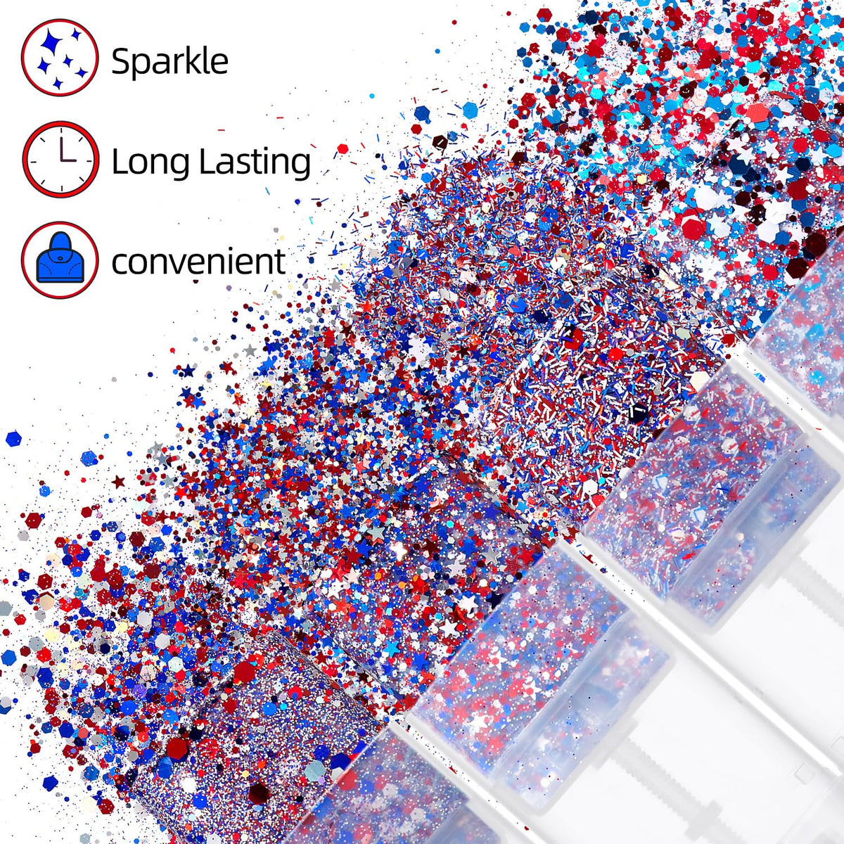 SYPAFG glitter applied at hair roots for bold red white blue streaks