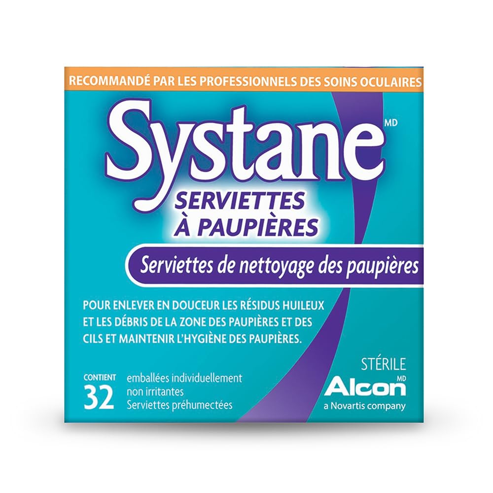 Person using Systane wipe on eyelid margin for quick daily cleansing