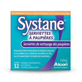 Person using Systane wipe on eyelid margin for quick daily cleansing