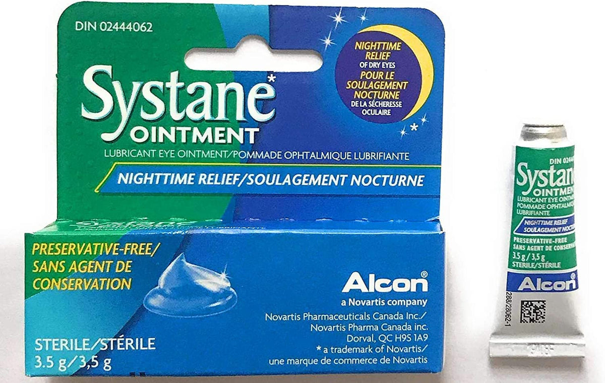 Systane tube close-up showing ointment texture and thick lubrication for overnight use