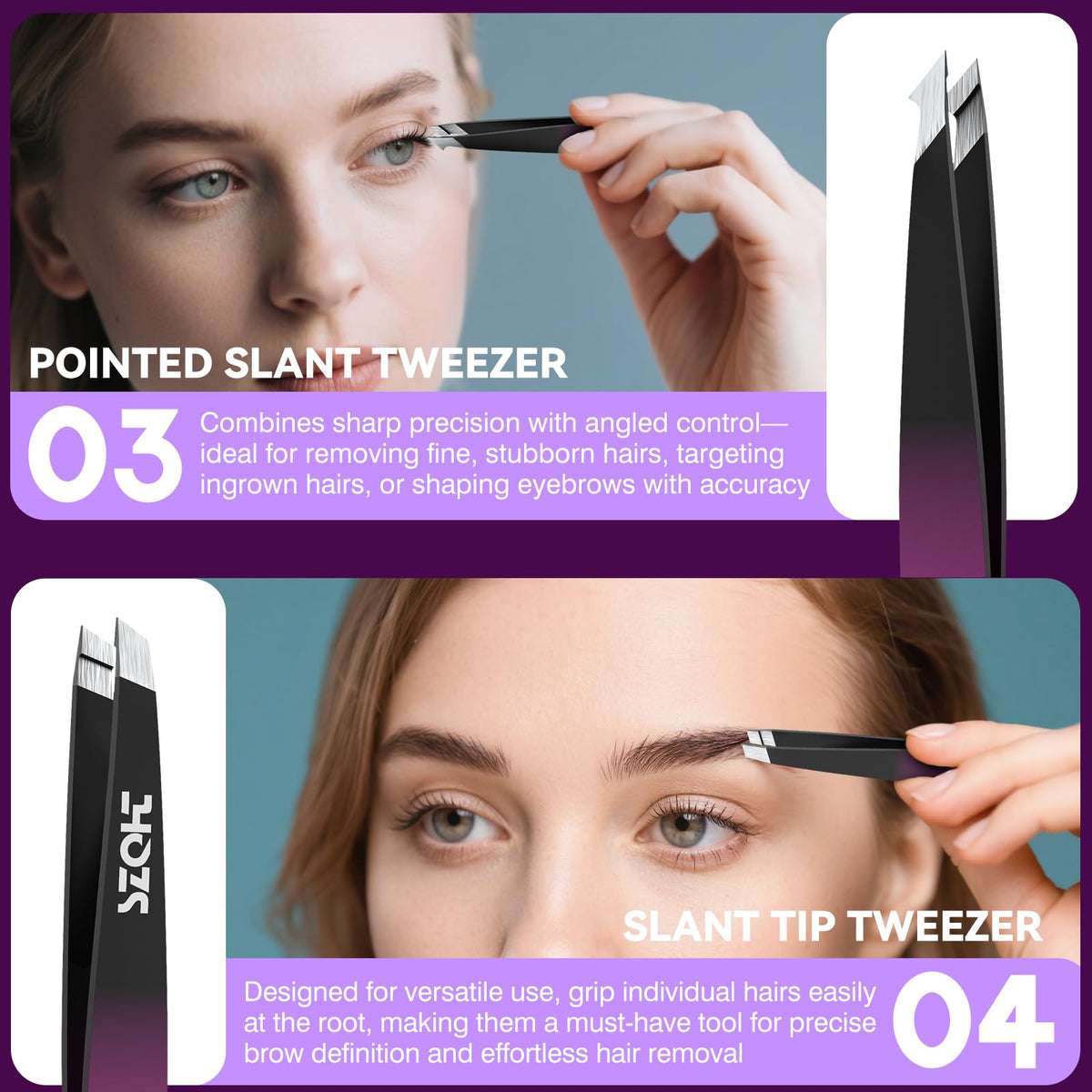 SZQHT flat tip detail showing broad grip ideal for false-lash handling and hair removal