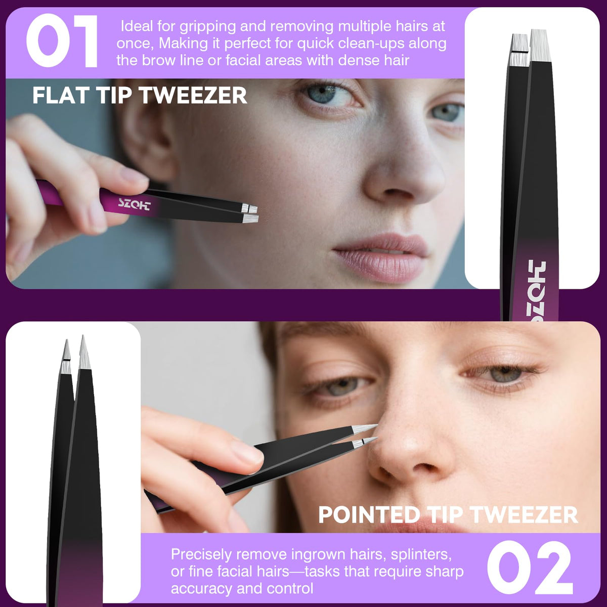 SZQHT tweezers held in hand demonstrating size and ergonomic grip for steady control