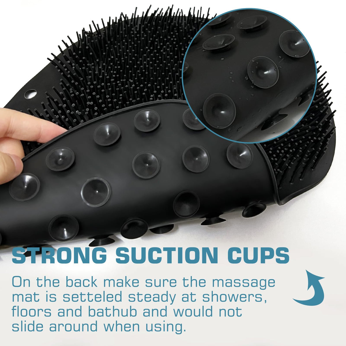 SZZYXD in-shower use with foot on pad illustrating massage and cleaning benefit