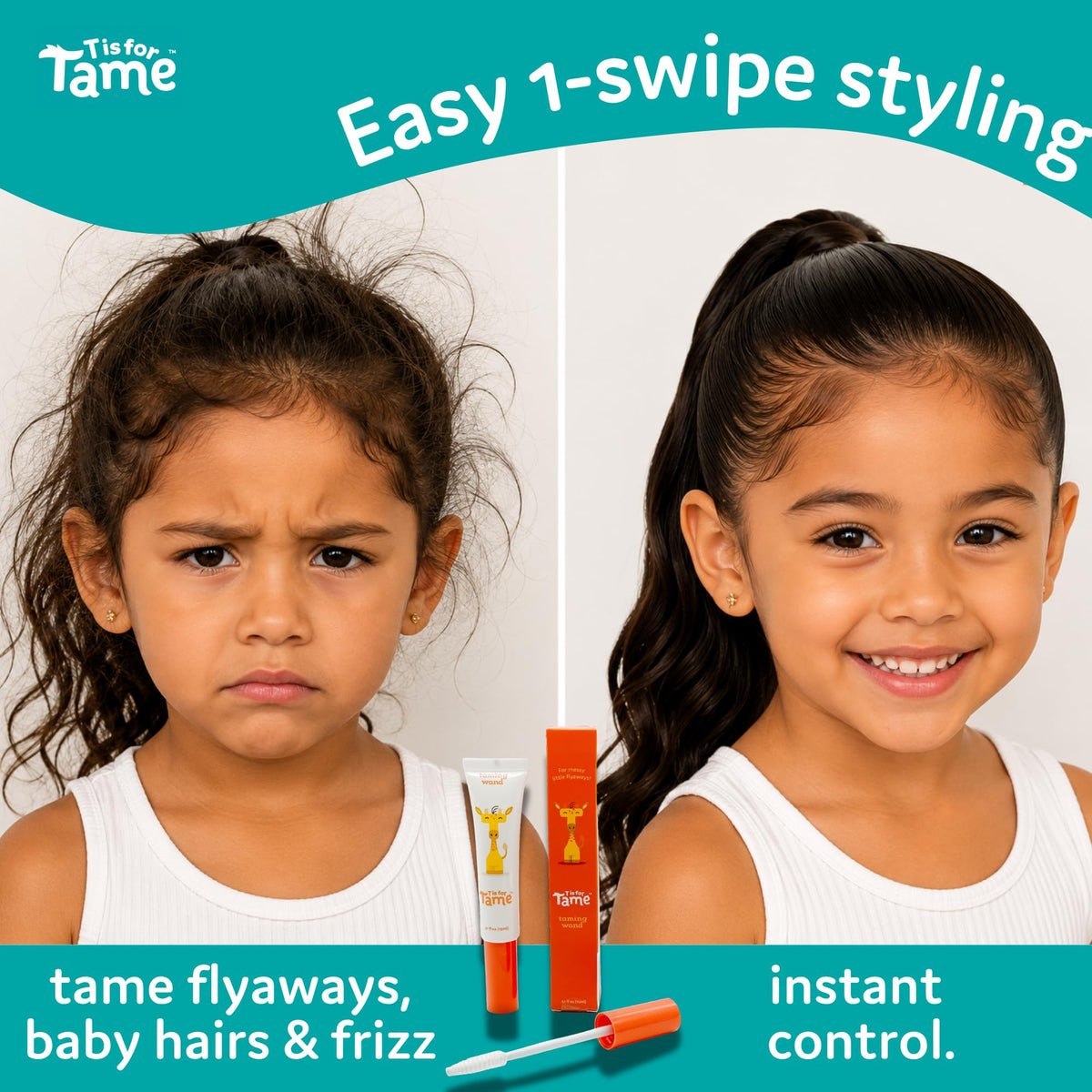T is for Tame mascara-style applicator closeup for precise hair control