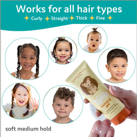 T is for Tame before and after child hairstyle, showing reduced flyaways and softer hold