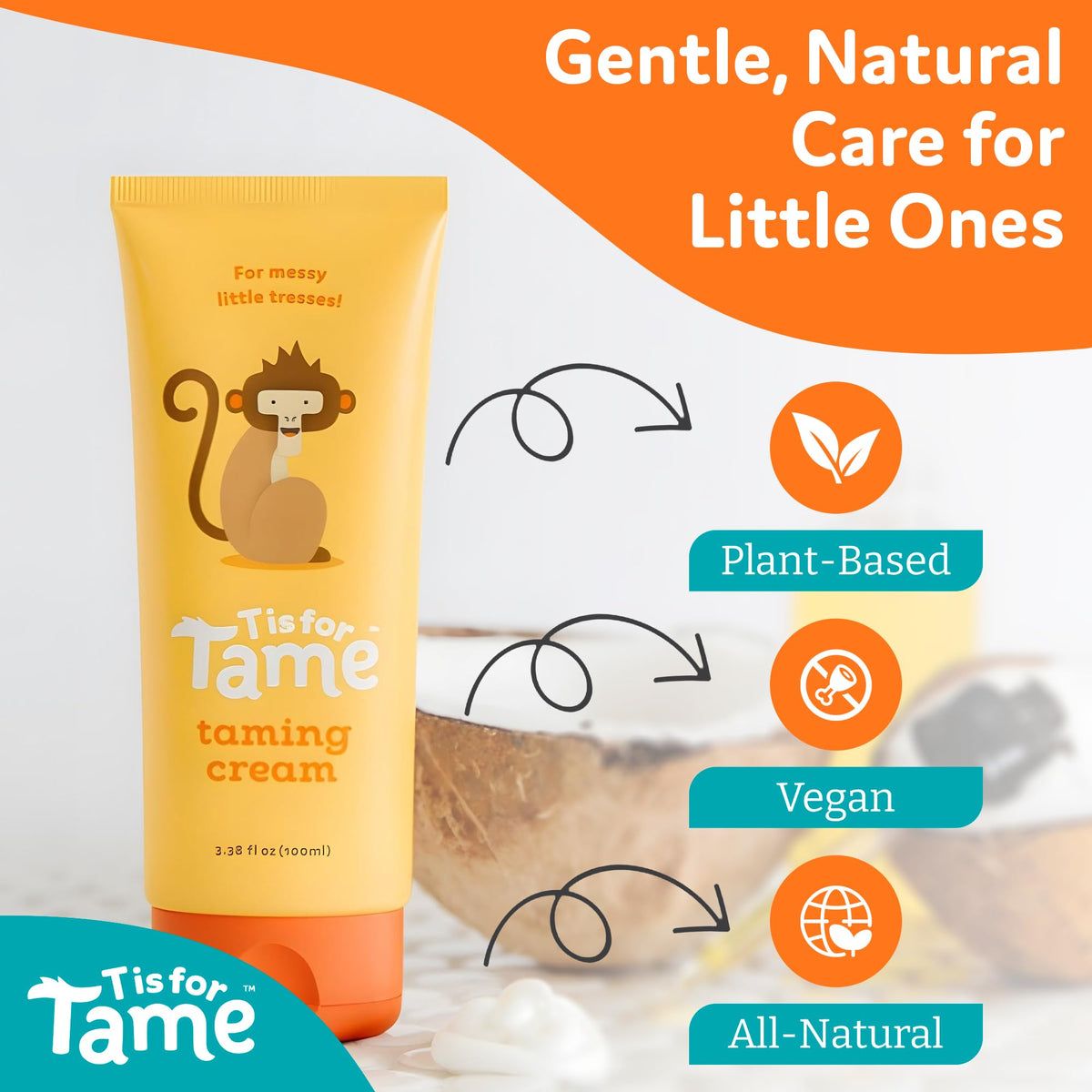 T is for Tame child applying cream for quick frizz control and easier brushing