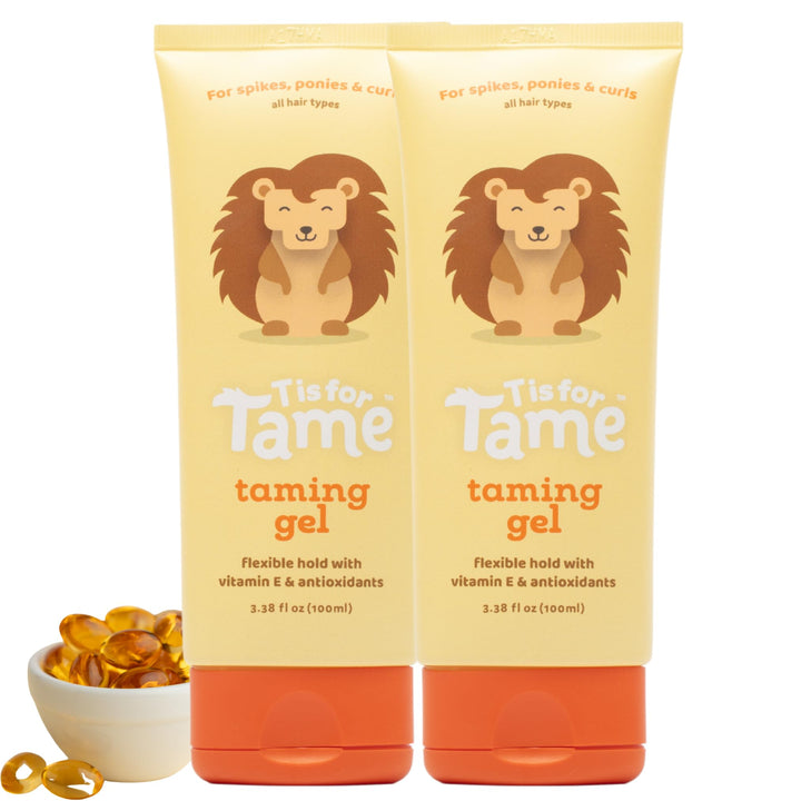 T is for Tame front packaging showing two 3.38 fl oz bottles and benefits