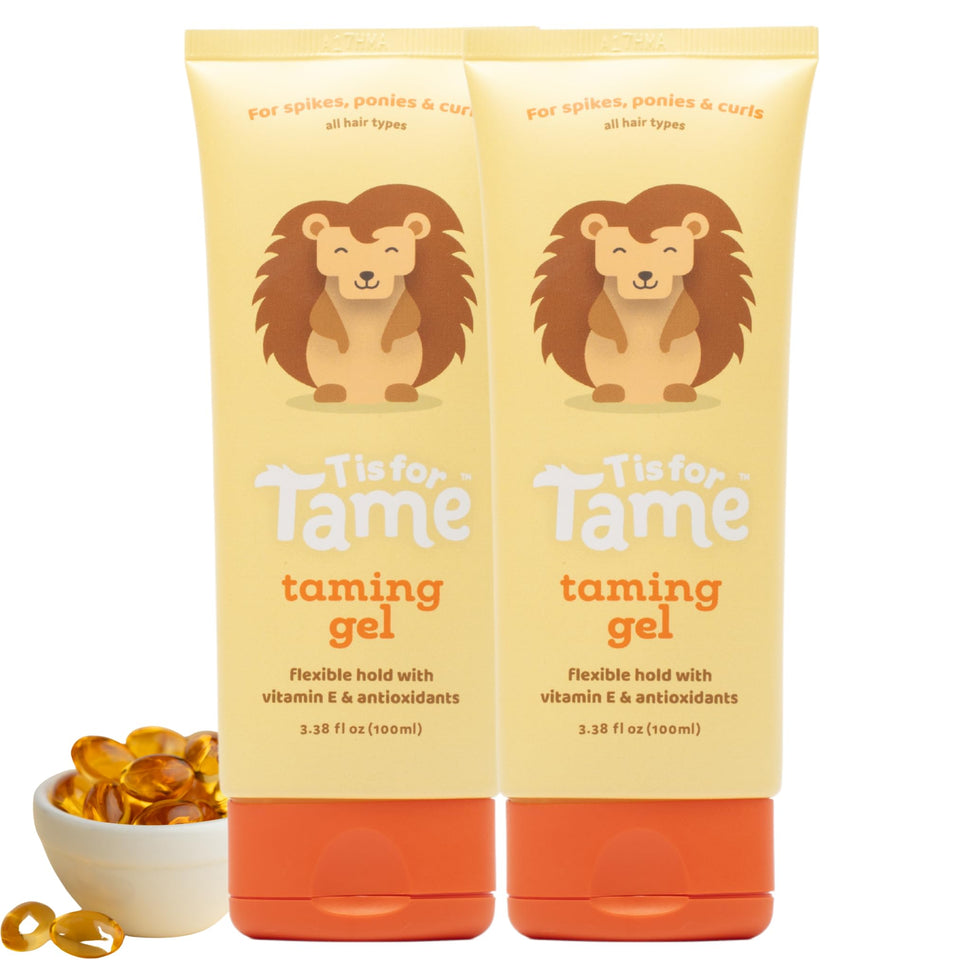 T is for Tame front packaging showing two 3.38 fl oz bottles and benefits