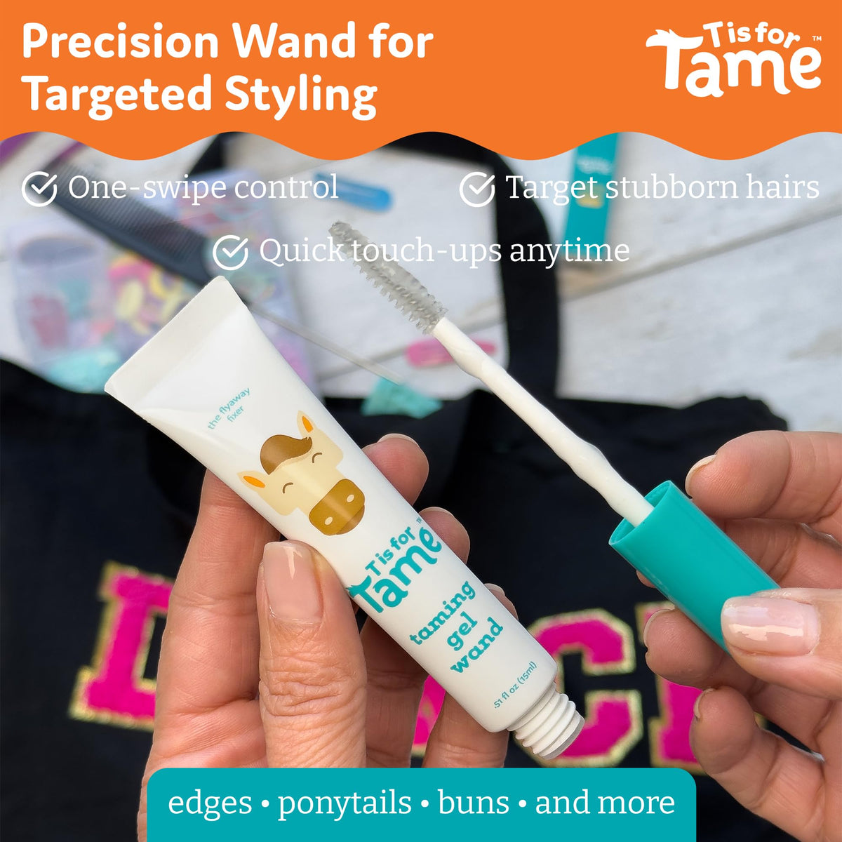 T is for Tame gel texture droplet showing smooth non-sticky finish benefit