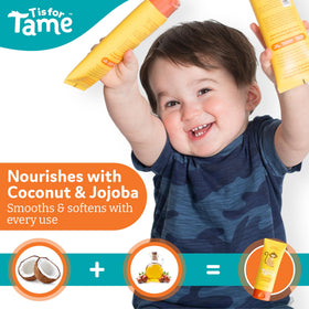 T is for Tame toddler before and after image showing reduced flyaways