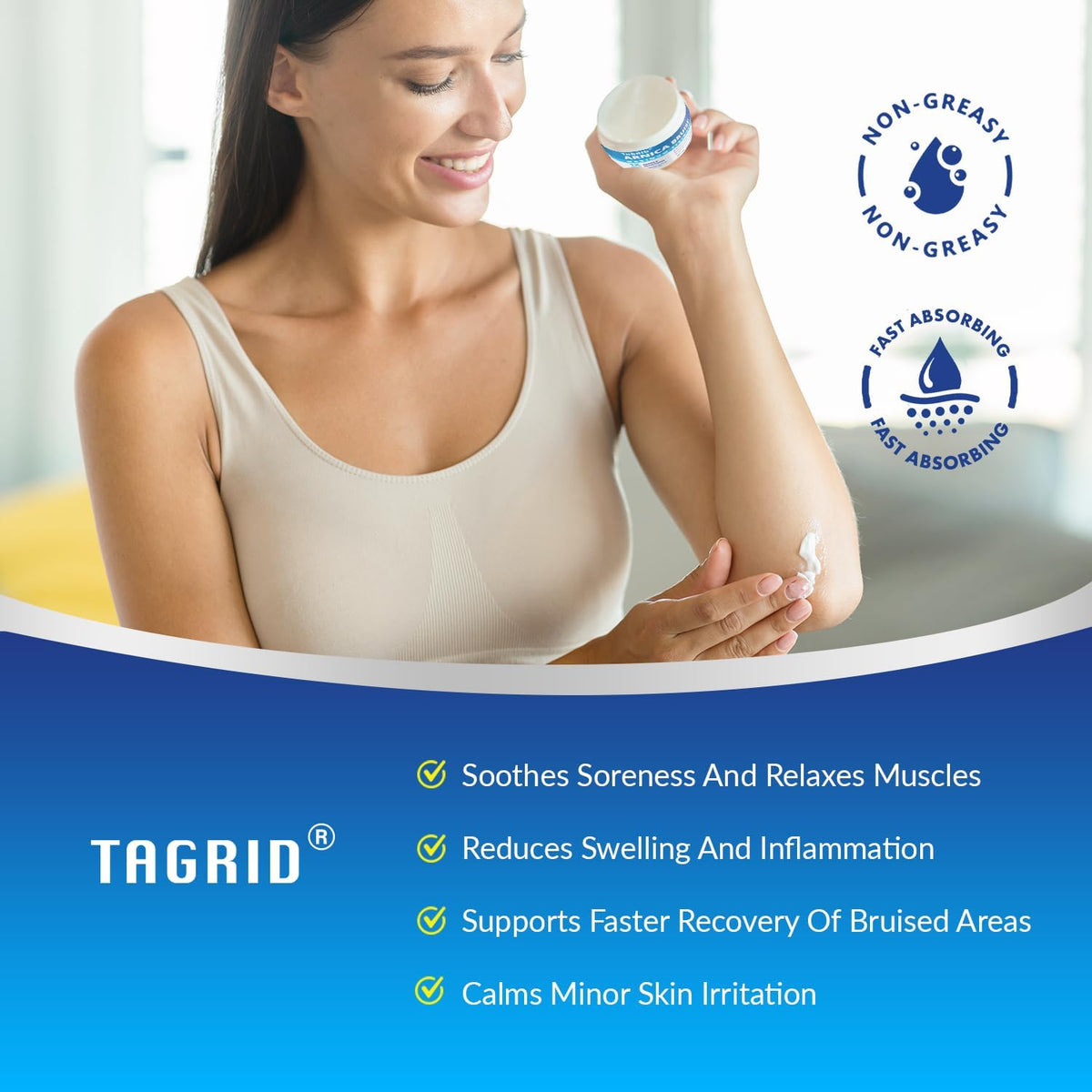 TAGRID ingredient collage with arnica and botanicals supporting skin repair