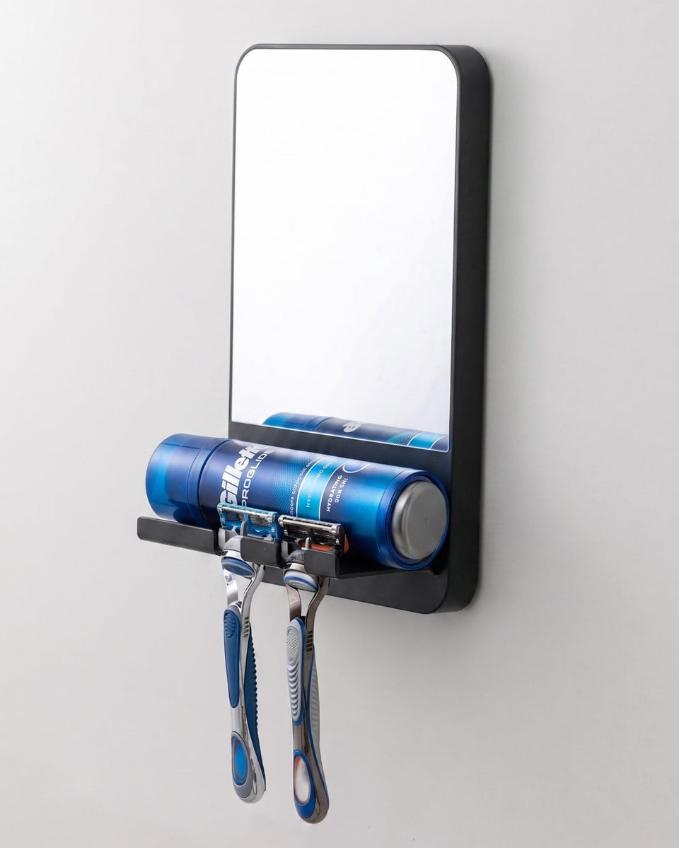 TAILI shower mirror front view showing fogless reflection and compact design