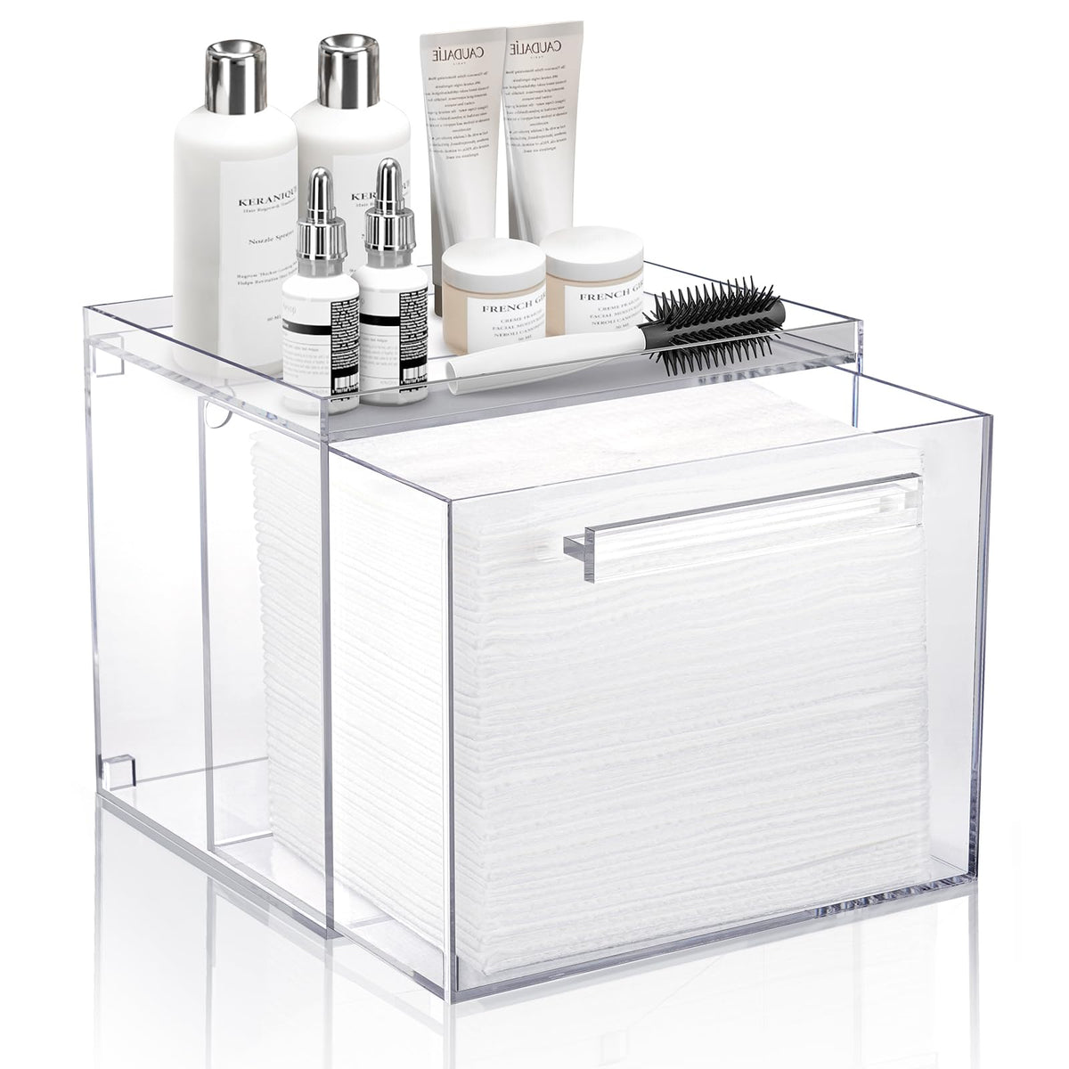 TAINESS front view clear holder shows tidy towel storage and quick access