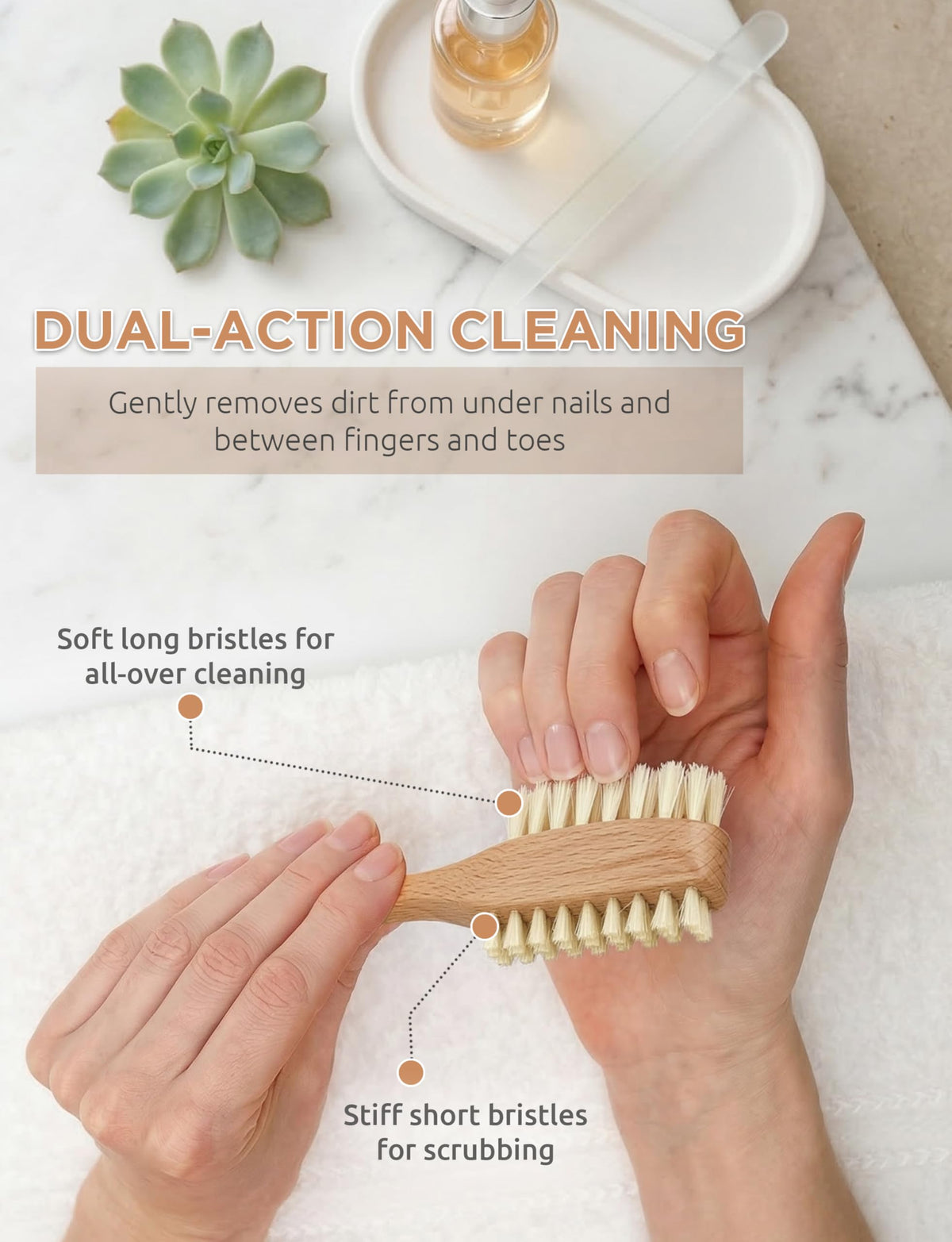 TAKAVU dual-sided bristles illustrating both firm and soft cleaning