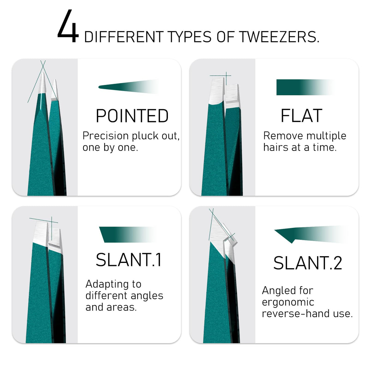 Takesy four tweezers lined up showing varied tips for versatile grooming tasks