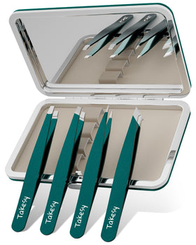 Takesy front view of green mirror case and tweezers showing organized portability benefit