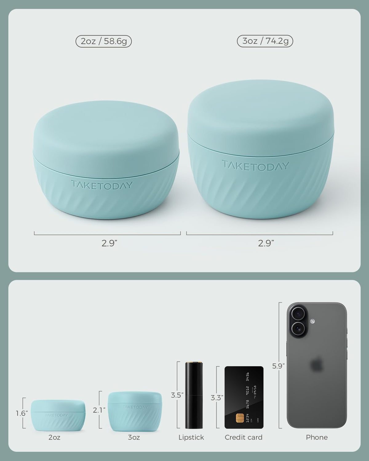 TakeToday 2oz and 3oz size comparison showing TSA-compliant convenience