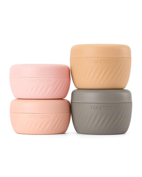 TakeToday front packaging showing four apricot travel jars and compact benefits