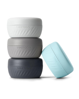 TakeToday front view of four grey travel jars showing compact pack benefit