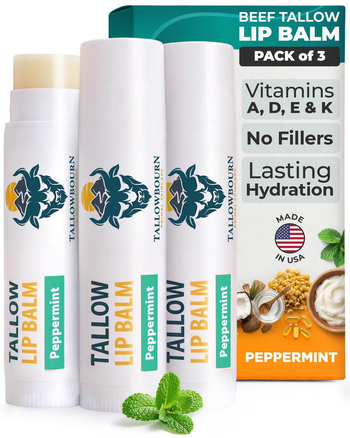 Tallowbourn front packaging showing peppermint balm and travel-ready benefit
