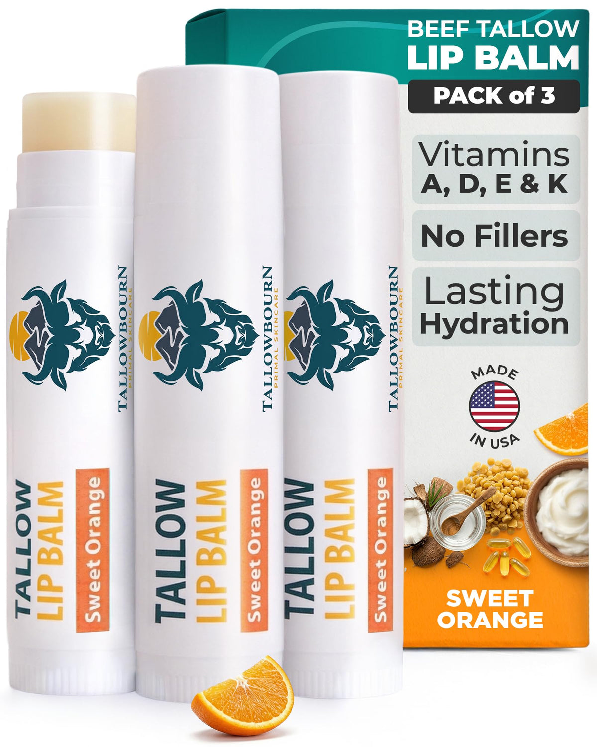 Tallowbourn front packaging showing three tubes and sweet orange scent benefit