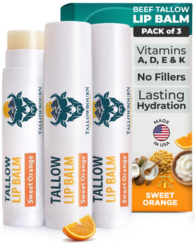 Tallowbourn front packaging showing three tubes and sweet orange scent benefit