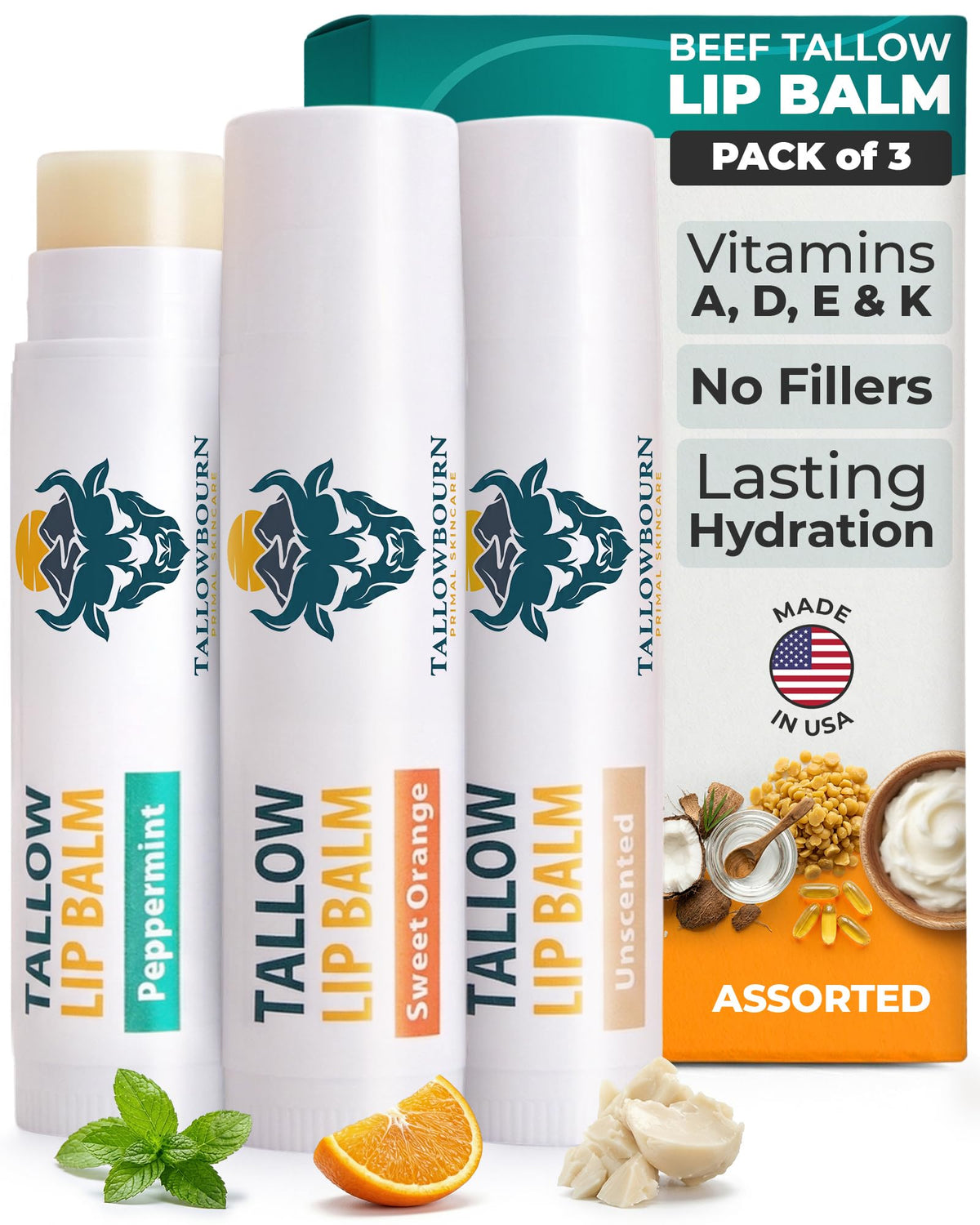 Tallowbourn front packaging showing three balm tubes and branding for quick selection