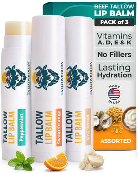 Tallowbourn front packaging showing three balm tubes and branding for quick selection