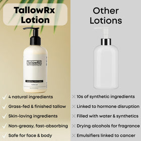TALLOWRX jar open with lotion revealing creamy, fast-absorbing formula