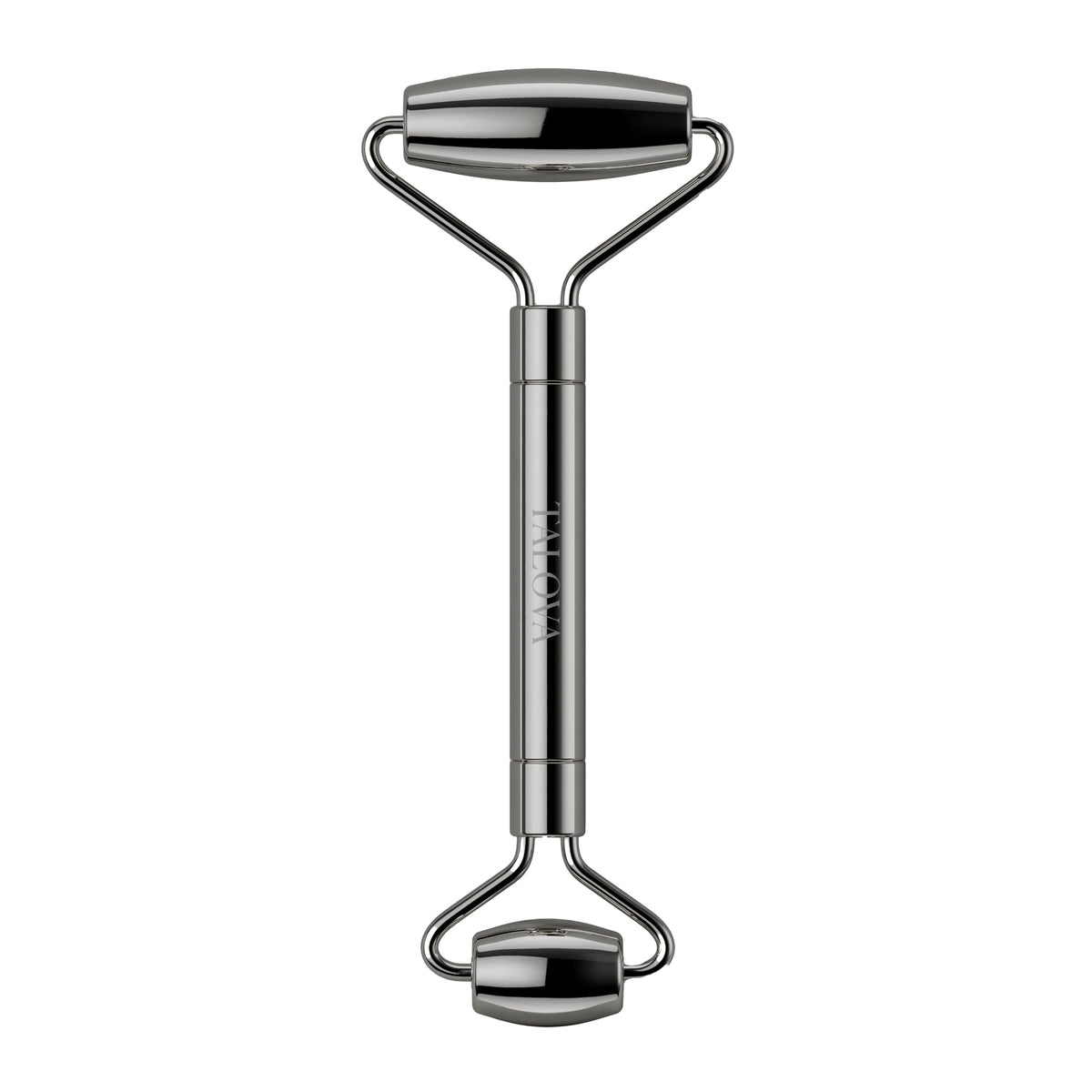TALOVA front view of facial roller showing ergonomic shape and cool metal finish to soothe skin