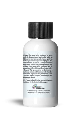 Talsen Chemicals Optiphen Plus bottle close-up highlighting liquid clarity and cap