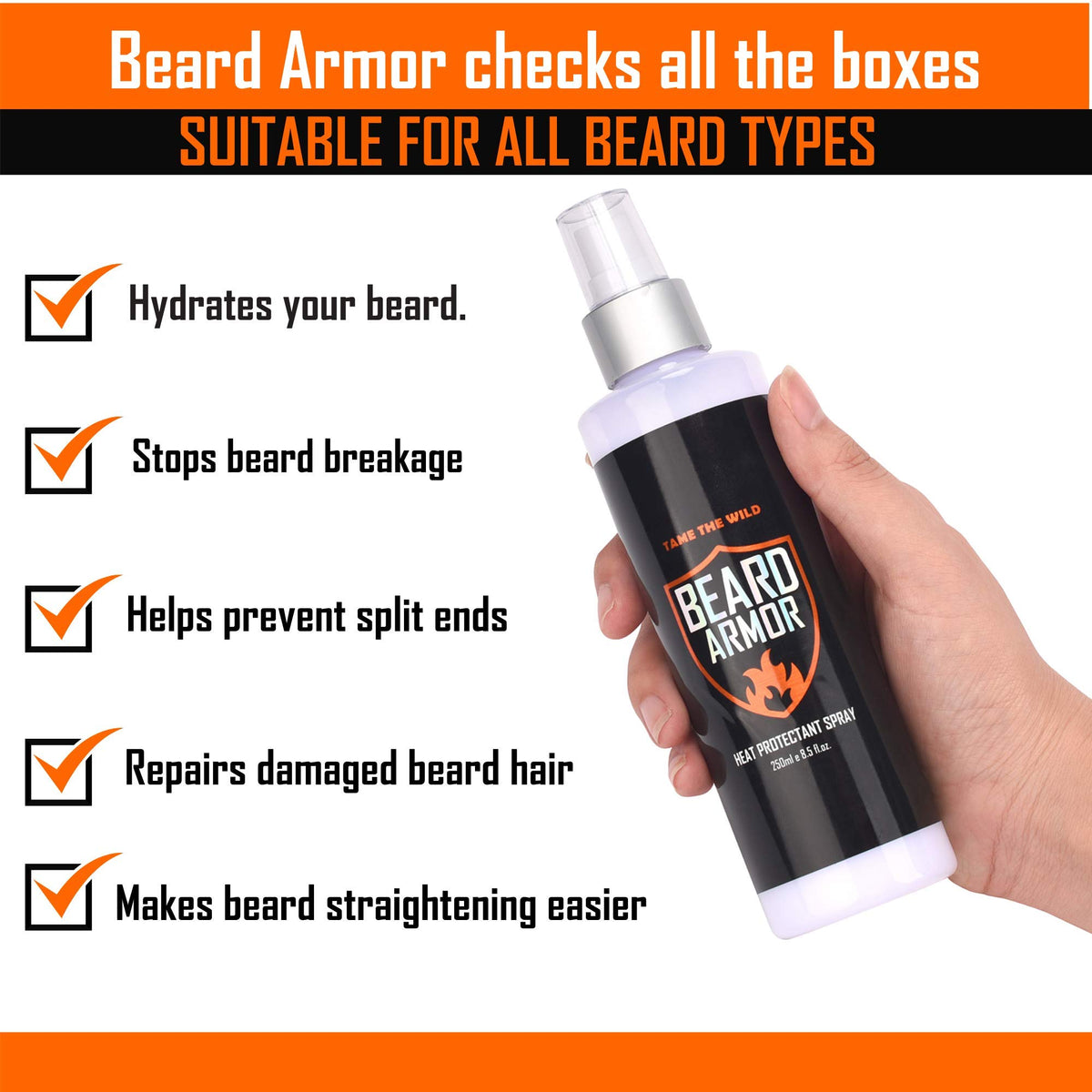 TAME THE WILD being applied while straightening beard to protect hair and reduce frizz